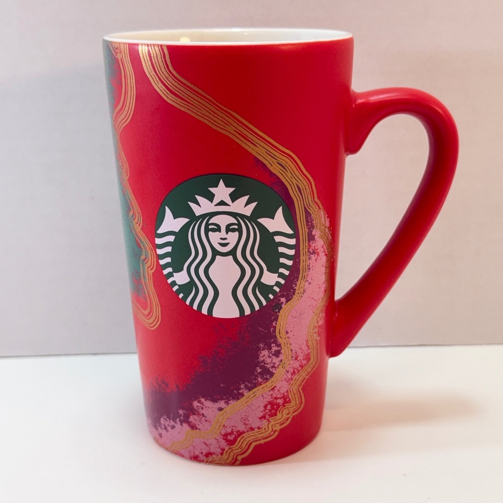 Starbucks Coffee Mug 16oz Red 2021 Holiday Abstract Siren Logo Tall‎ Cup